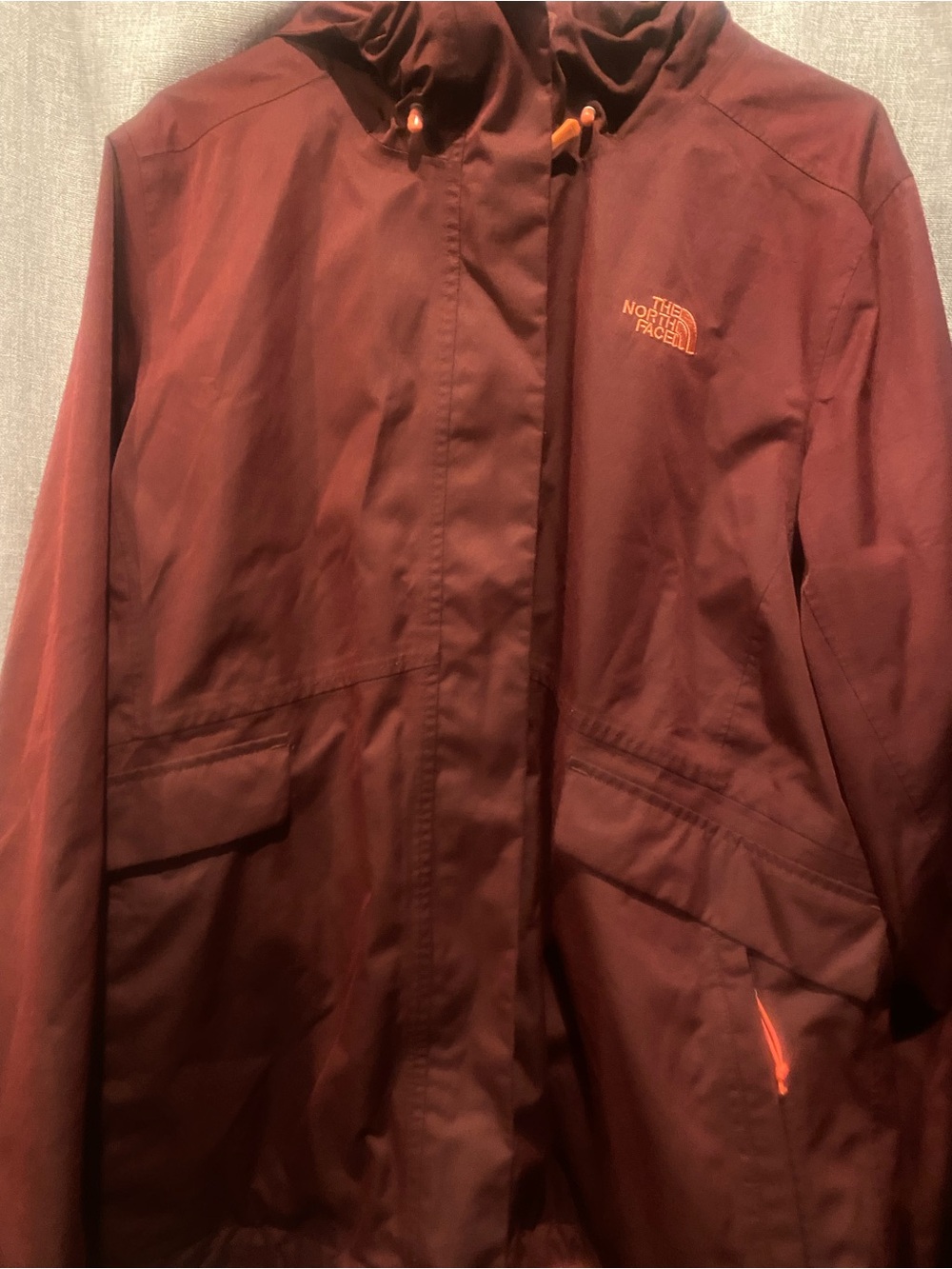 The North Face Women's Maroon Ski Jacket with Orange Accents